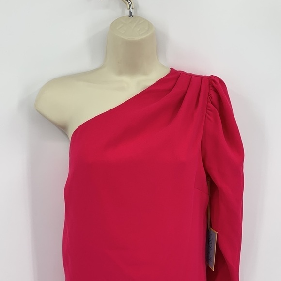CeCe Moss crepe one shoulder dress bright hot pink pleated sleeve new Small - Picture 3 of 5